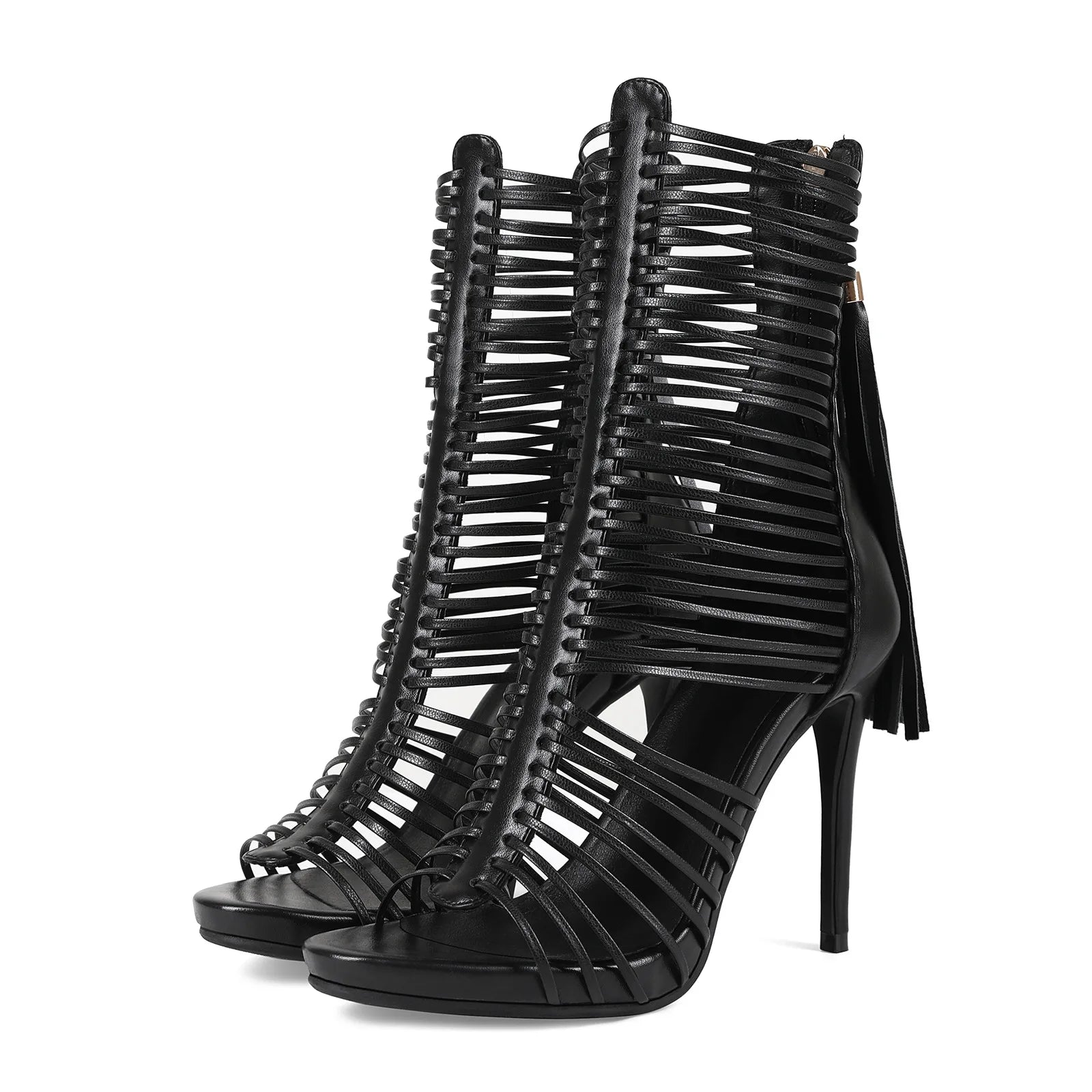 2026 Women Gladiator Ankle High Heel Sandals Black Cutout Strappy Stiletto Heels Back Tassel Zipper Peep Toe Party Dress Boots