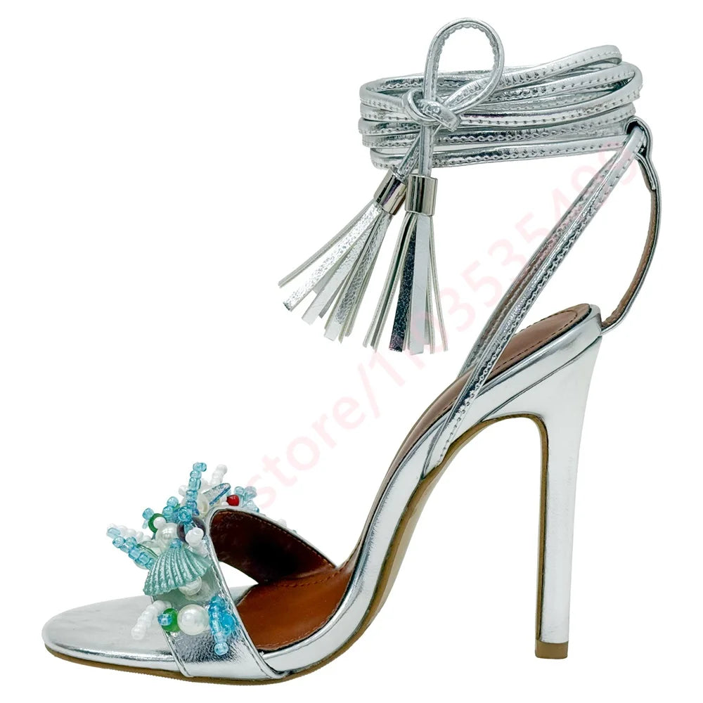 2026 Metallic Platform High Heel Sandals for Women Peep Toe Ankle Strap Starfish Shell Beaded Summer Beach Party Heels