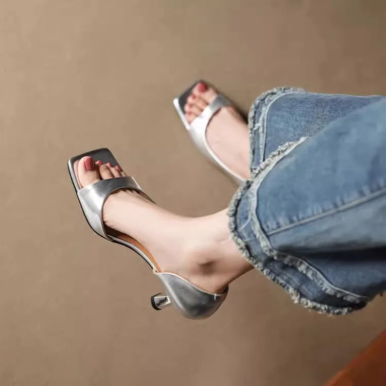 2026 Summer Women's High Heel Sandals Fashion SquareToe Leather Suitable for Office Wearing and Casual Outdoor Use Women's Shoes