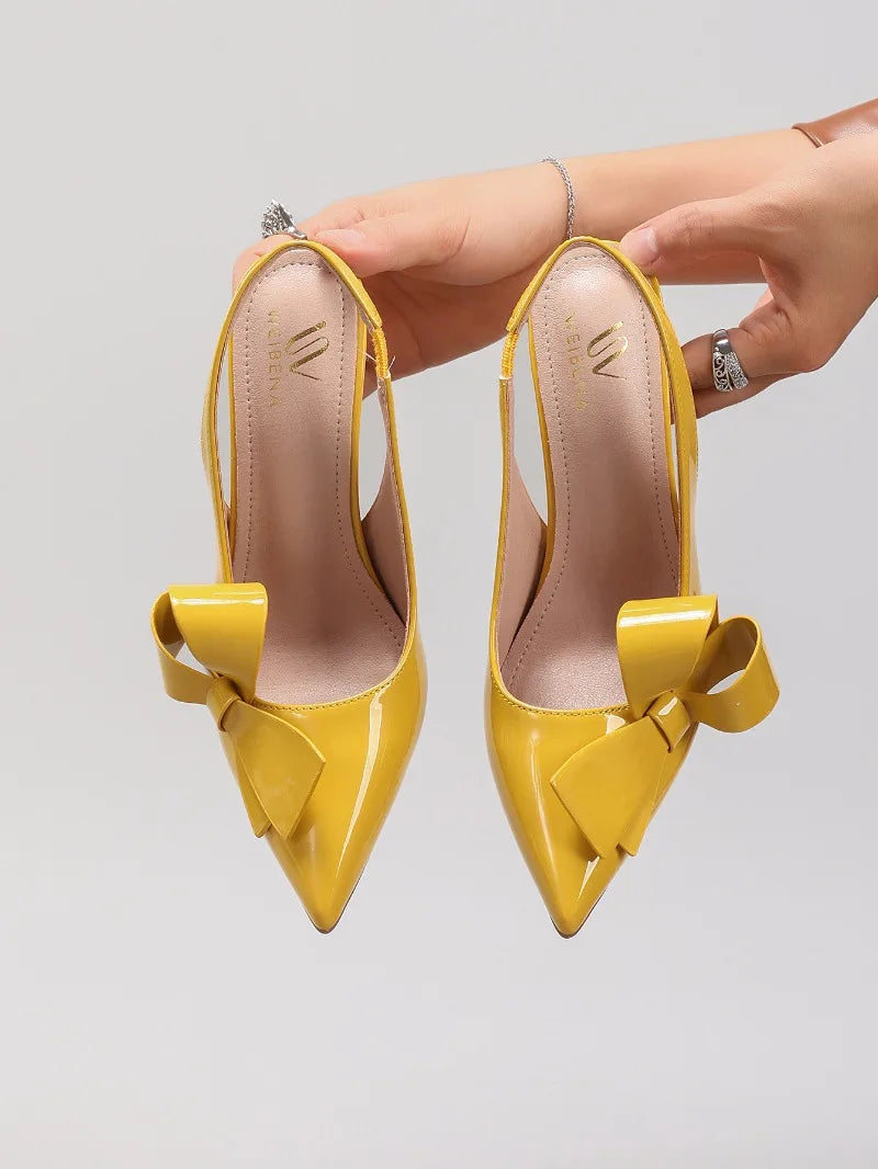 Sandales à talons hauts avec nœud pour femme – Chaussures élégantes de mariage/banquet en PU brillant à bout pointu 2026
