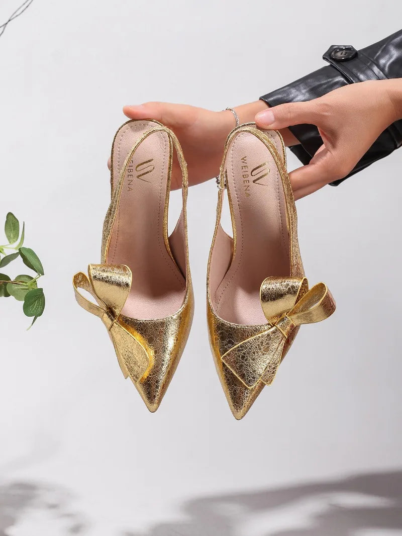 Sandales à talons hauts avec nœud pour femme – Chaussures élégantes de mariage/banquet en PU brillant à bout pointu 2026