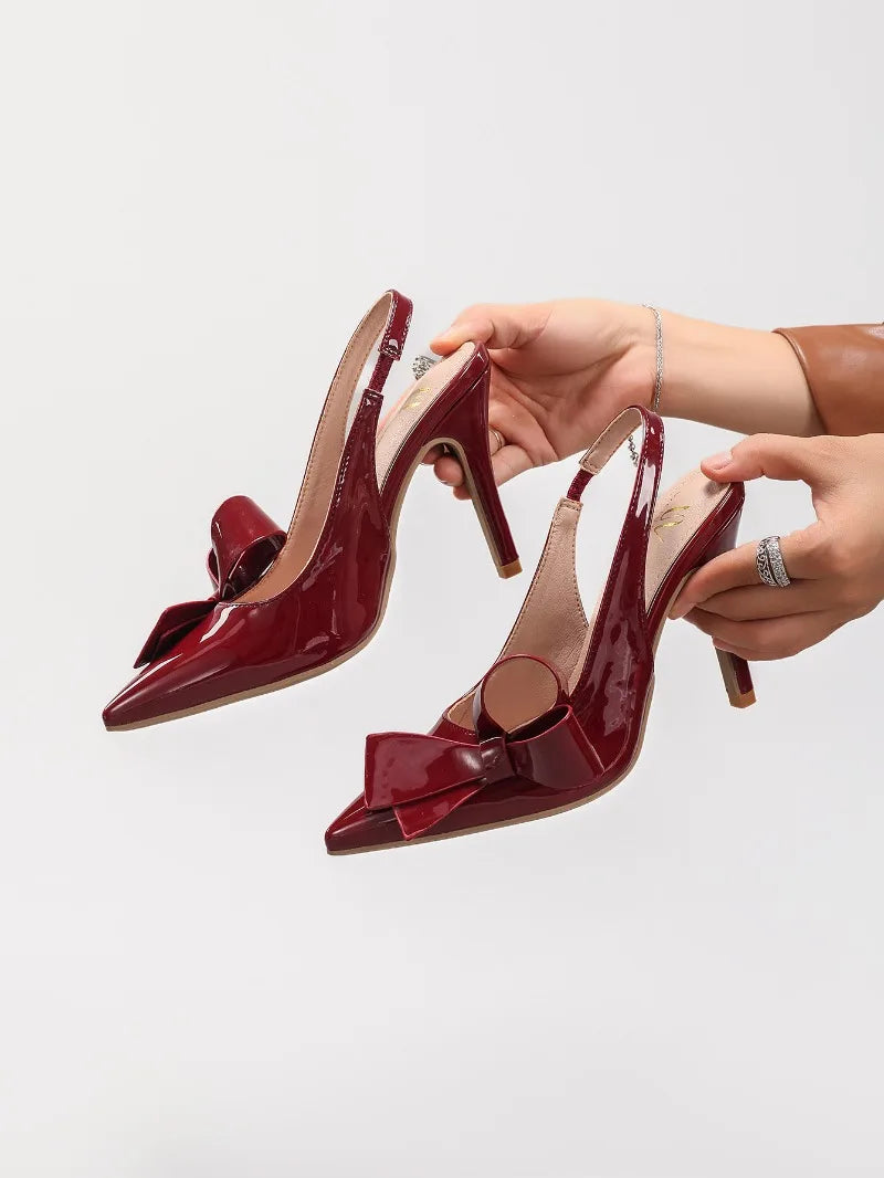 Sandales à talons hauts avec nœud pour femme – Chaussures élégantes de mariage/banquet en PU brillant à bout pointu 2026