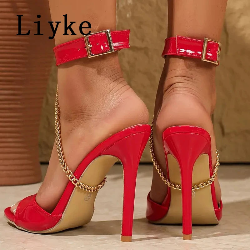 2026Summer New Women Pumps Sexy Temperament Pointed High Heeled Sandals Fashion Metal Chain Belt Buckle Design Sandals for Women