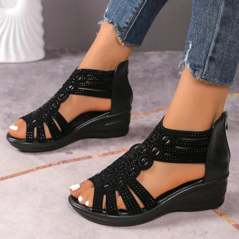 Luxury Glitter Strap Wedge Heel Sandals Women Summer 2026 Vintage Hollow Out Thick Bottom Gladiator Sandals Comfort Mom's Shoes