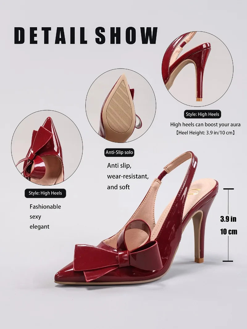 Sandales à talons hauts avec nœud pour femme – Chaussures élégantes de mariage/banquet en PU brillant à bout pointu 2026