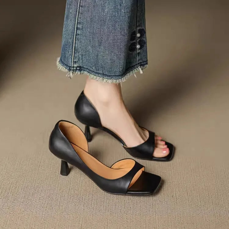 2026 Summer Women's High Heel Sandals Fashion SquareToe Leather Suitable for Office Wearing and Casual Outdoor Use Women's Shoes