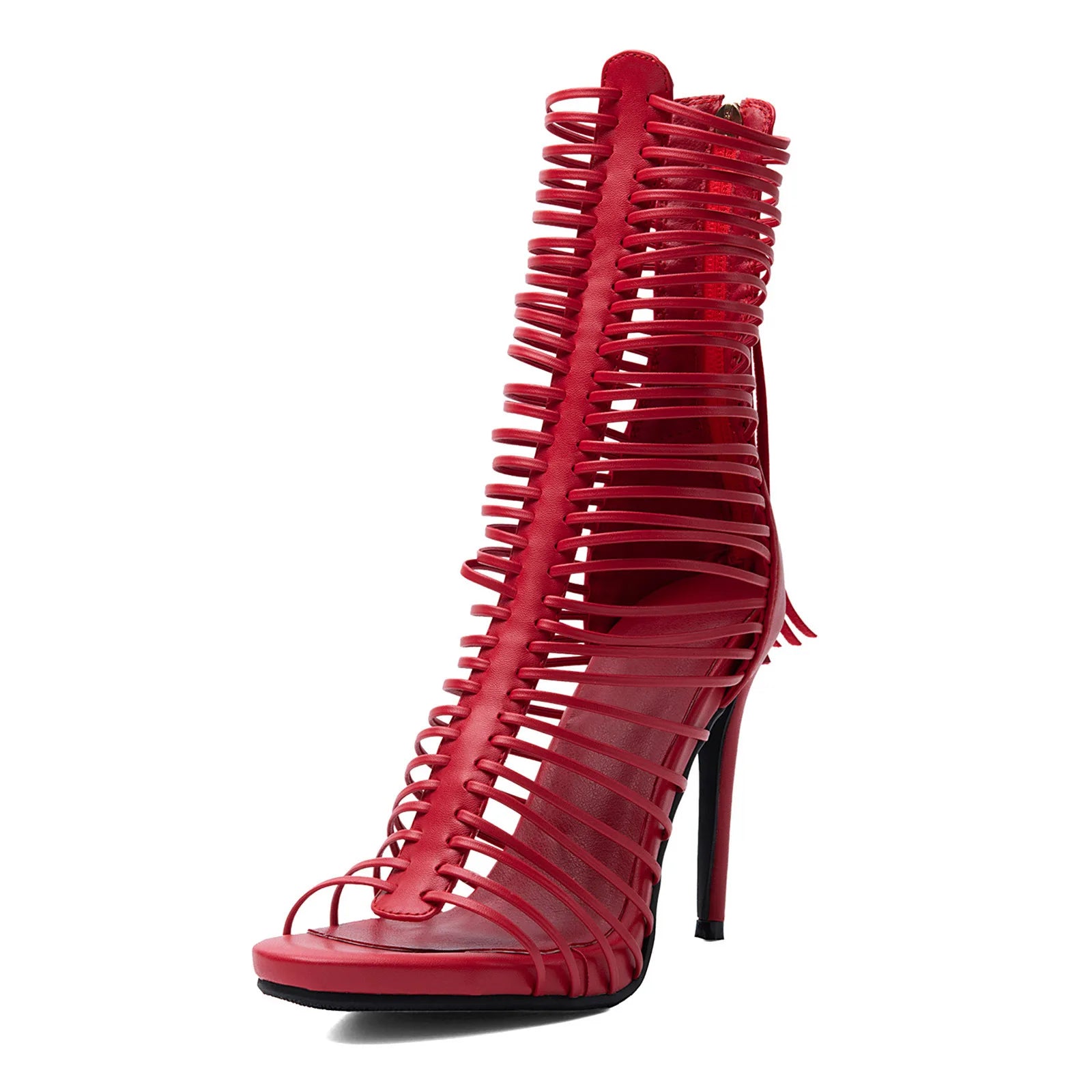 2026 Women Gladiator Ankle High Heel Sandals Black Cutout Strappy Stiletto Heels Back Tassel Zipper Peep Toe Party Dress Boots
