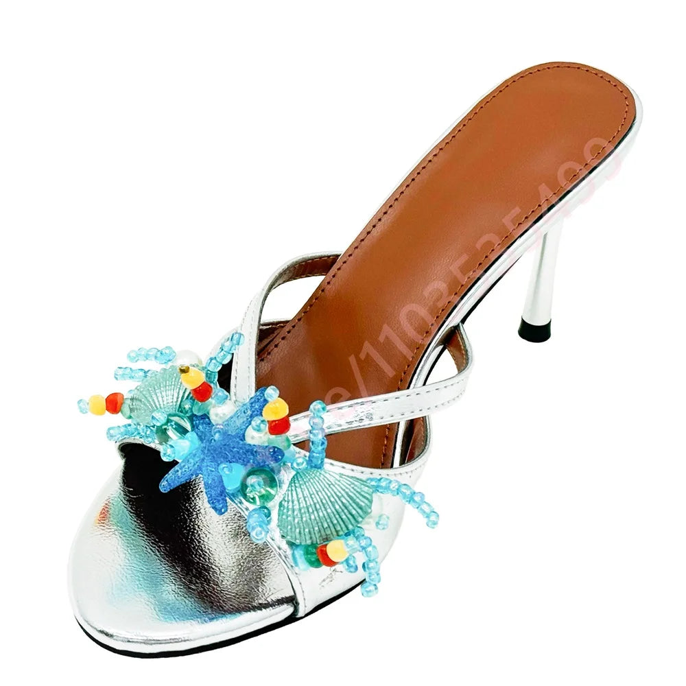 2026 Metallic Platform High Heel Sandals for Women Peep Toe Ankle Strap Starfish Shell Beaded Summer Beach Party Heels