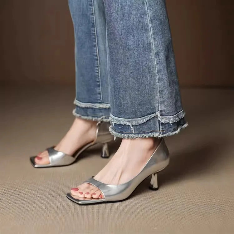 2026 Summer Women's High Heel Sandals Fashion SquareToe Leather Suitable for Office Wearing and Casual Outdoor Use Women's Shoes
