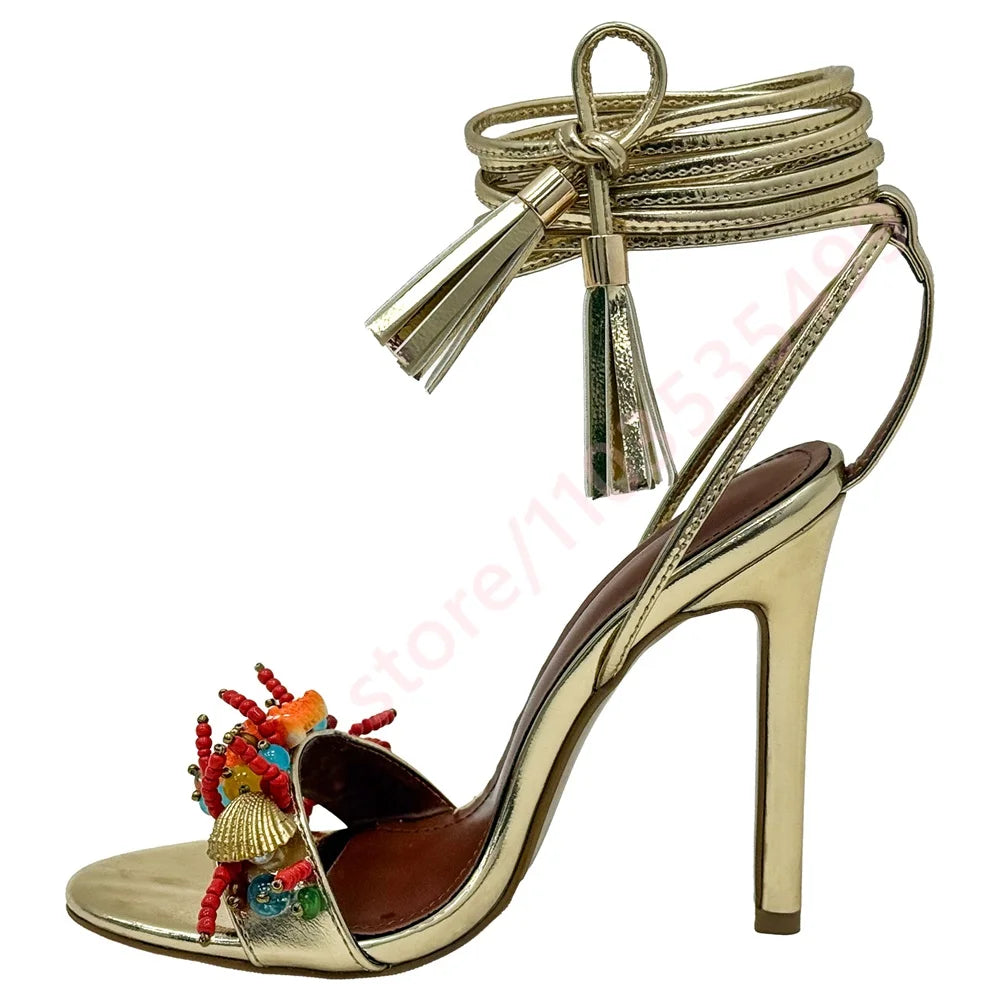 2026 Metallic Platform High Heel Sandals for Women Peep Toe Ankle Strap Starfish Shell Beaded Summer Beach Party Heels