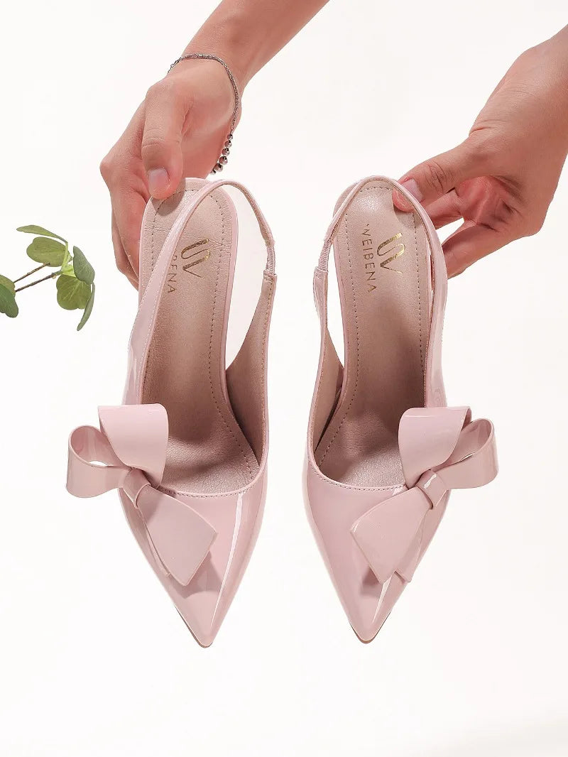 Sandales à talons hauts avec nœud pour femme – Chaussures élégantes de mariage/banquet en PU brillant à bout pointu 2026
