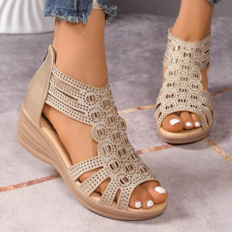 Luxury Glitter Strap Wedge Heel Sandals Women Summer 2026 Vintage Hollow Out Thick Bottom Gladiator Sandals Comfort Mom's Shoes