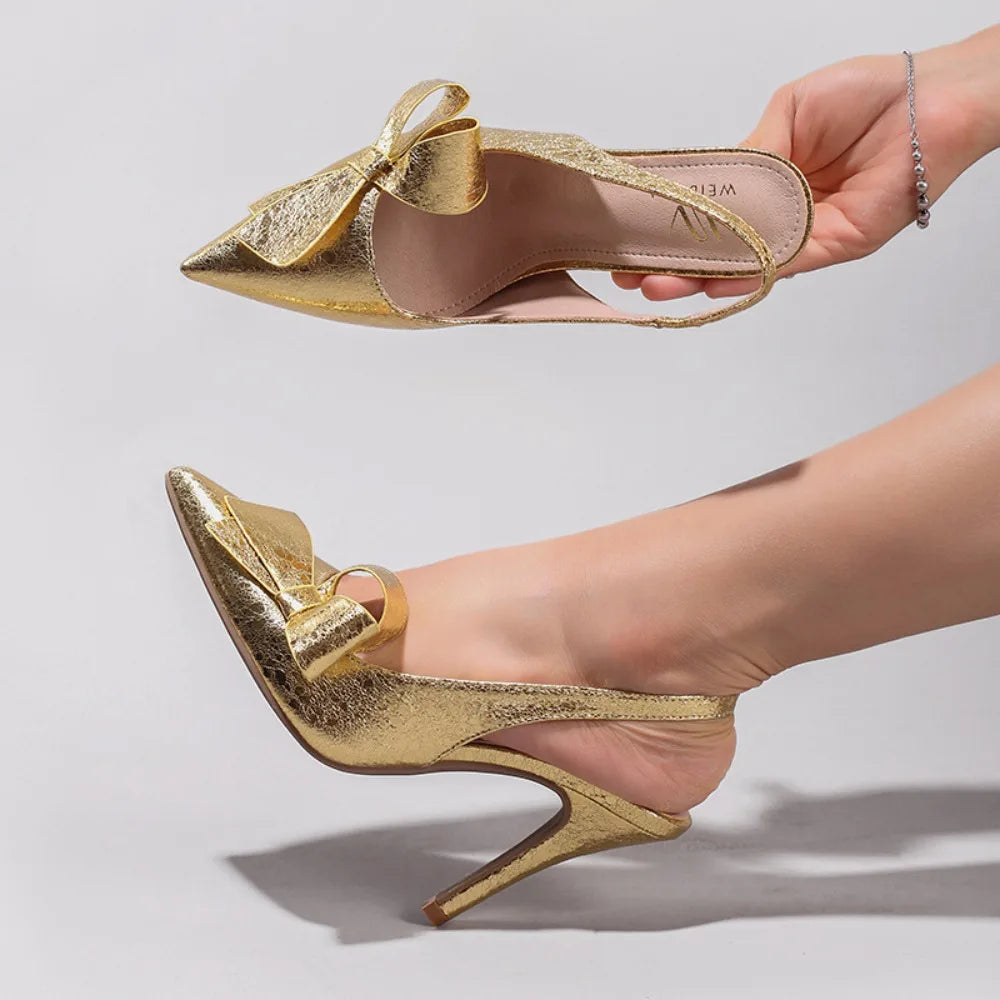 Sandales à talons hauts avec nœud pour femme – Chaussures élégantes de mariage/banquet en PU brillant à bout pointu 2026