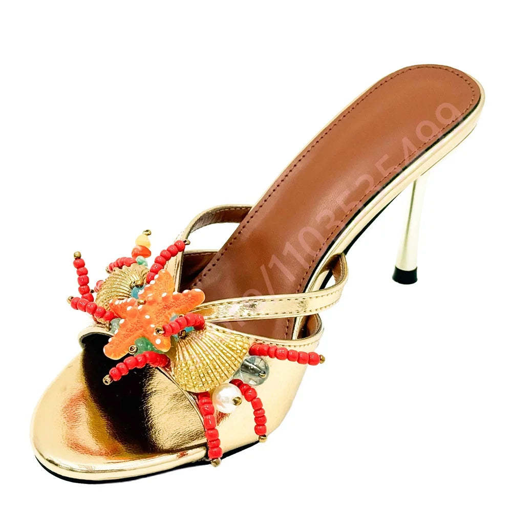 2026 Metallic Platform High Heel Sandals for Women Peep Toe Ankle Strap Starfish Shell Beaded Summer Beach Party Heels
