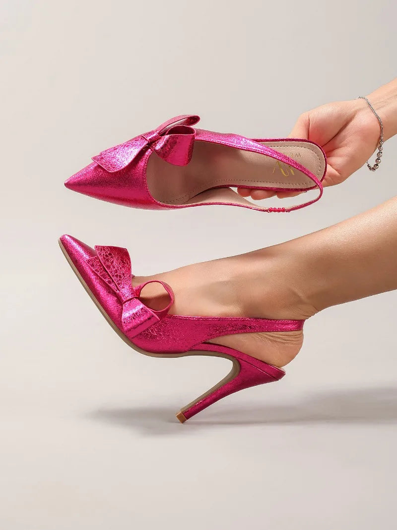 Sandales à talons hauts avec nœud pour femme – Chaussures élégantes de mariage/banquet en PU brillant à bout pointu 2026