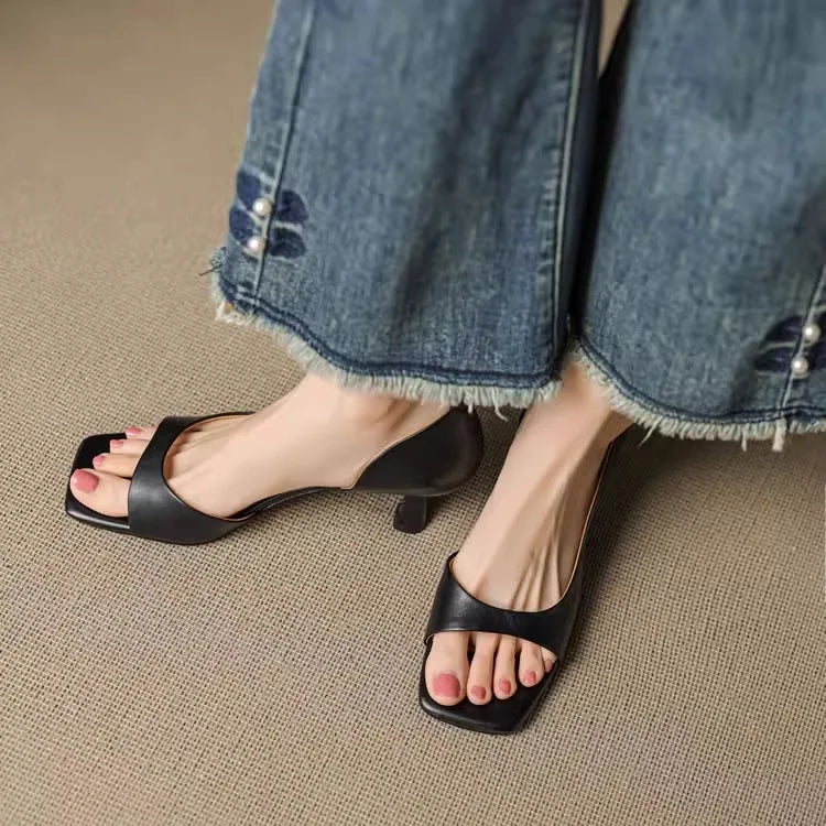 2026 Summer Women's High Heel Sandals Fashion SquareToe Leather Suitable for Office Wearing and Casual Outdoor Use Women's Shoes