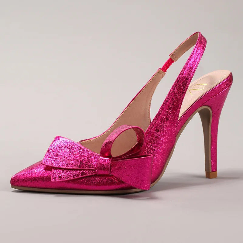 Sandales à talons hauts avec nœud pour femme – Chaussures élégantes de mariage/banquet en PU brillant à bout pointu 2026