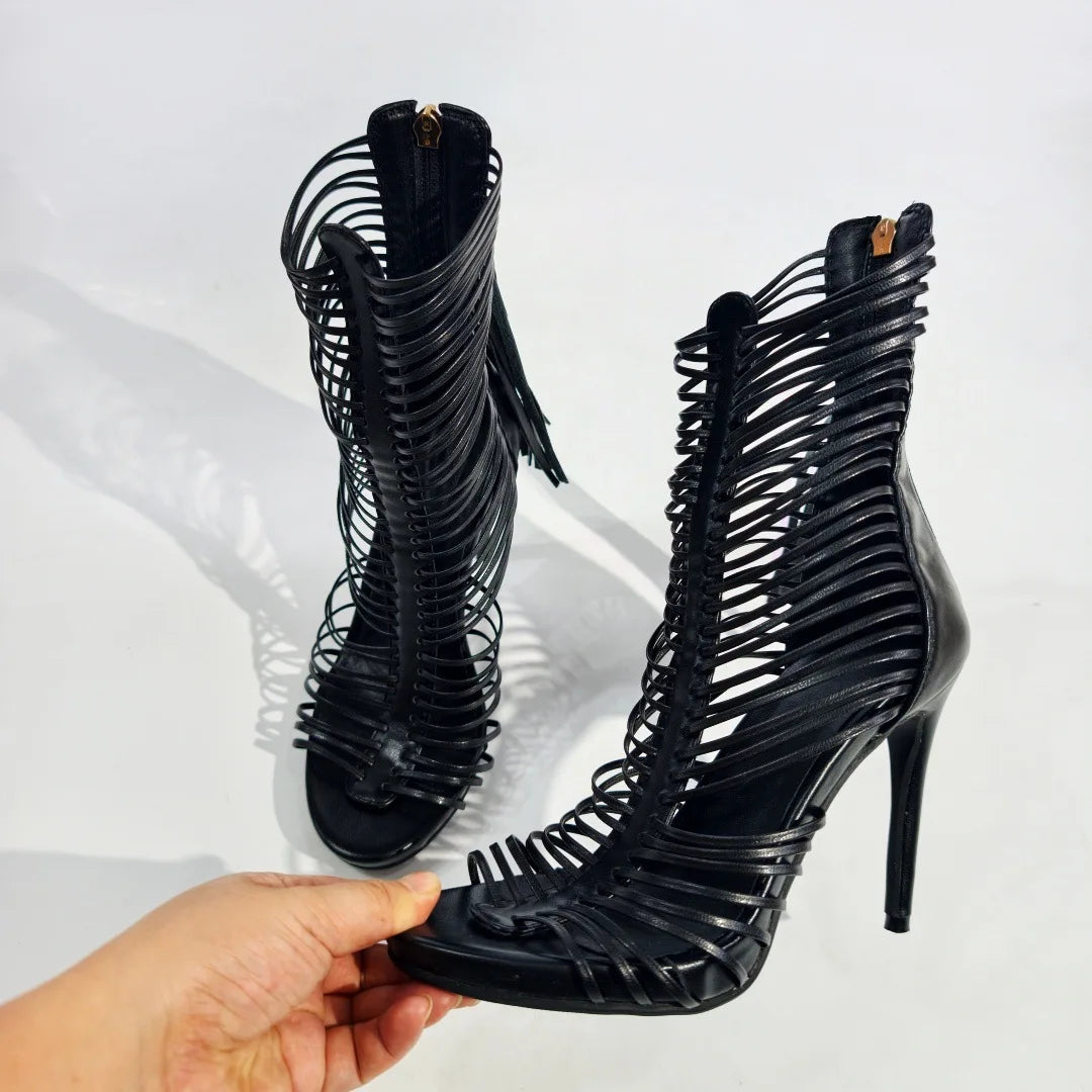 2026 Women Gladiator Ankle High Heel Sandals Black Cutout Strappy Stiletto Heels Back Tassel Zipper Peep Toe Party Dress Boots