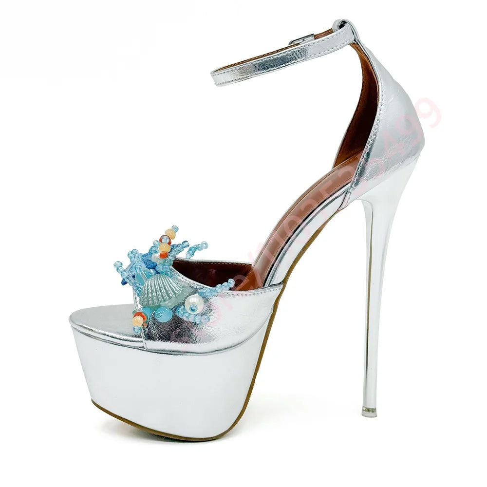 2026 Metallic Platform High Heel Sandals for Women Peep Toe Ankle Strap Starfish Shell Beaded Summer Beach Party Heels