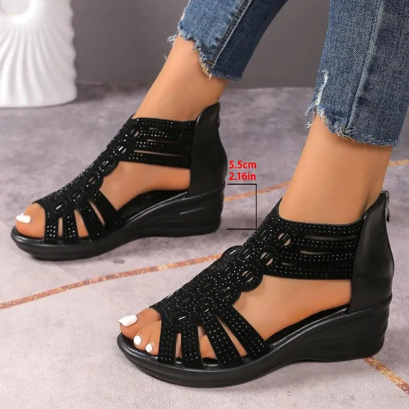 Luxury Glitter Strap Wedge Heel Sandals Women Summer 2026 Vintage Hollow Out Thick Bottom Gladiator Sandals Comfort Mom's Shoes