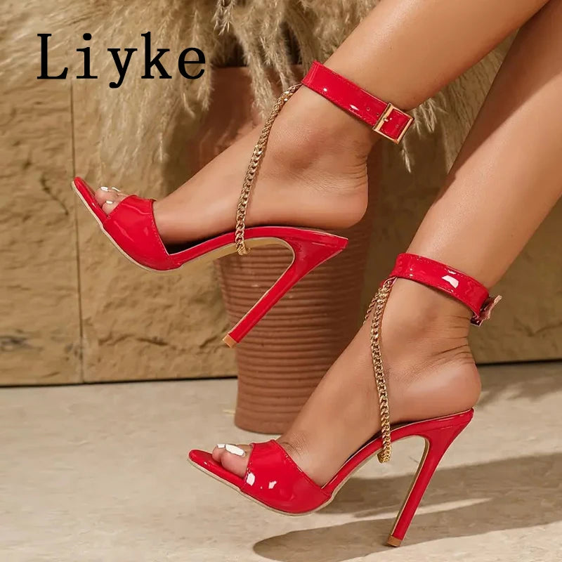 2026Summer New Women Pumps Sexy Temperament Pointed High Heeled Sandals Fashion Metal Chain Belt Buckle Design Sandals for Women