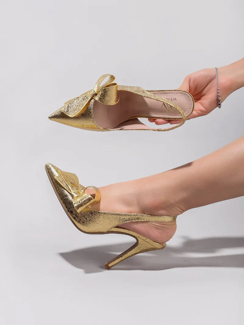 Sandales à talons hauts avec nœud pour femme – Chaussures élégantes de mariage/banquet en PU brillant à bout pointu 2026