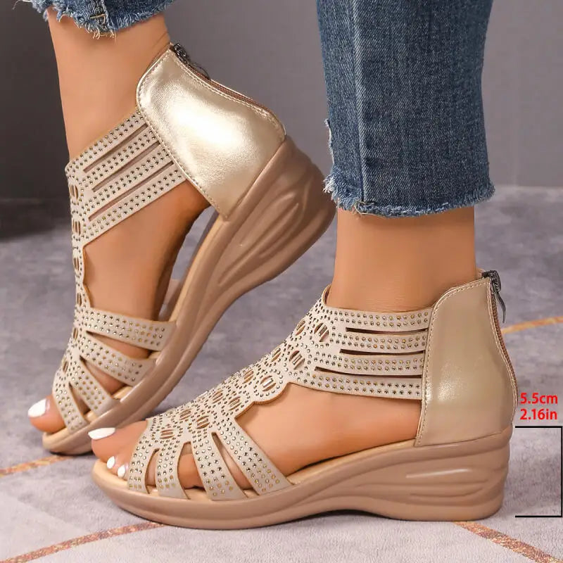Luxury Glitter Strap Wedge Heel Sandals Women Summer 2026 Vintage Hollow Out Thick Bottom Gladiator Sandals Comfort Mom's Shoes