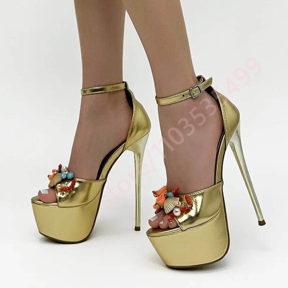 2026 Metallic Platform High Heel Sandals for Women Peep Toe Ankle Strap Starfish Shell Beaded Summer Beach Party Heels