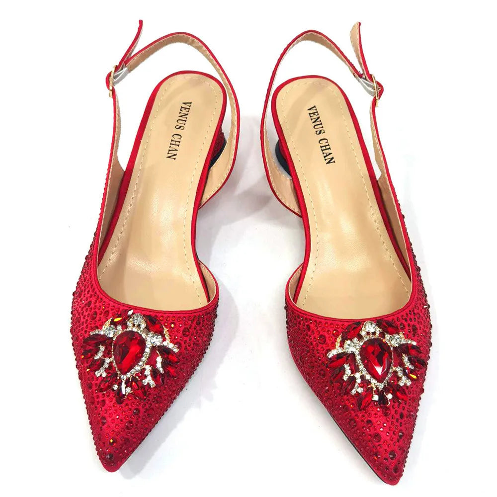 Sandals Woman Summer 2024 Hot Selling Design Pointed Toe Thin Heels Mature Ladies Shoes Matching Bag Set in Red Color