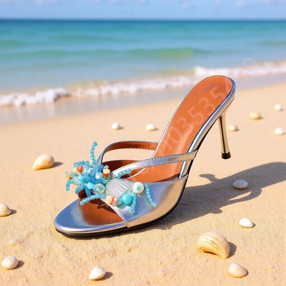 2026 Metallic Platform High Heel Sandals for Women Peep Toe Ankle Strap Starfish Shell Beaded Summer Beach Party Heels