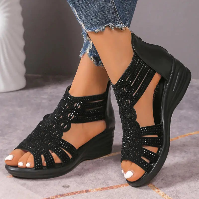Luxury Glitter Strap Wedge Heel Sandals Women Summer 2026 Vintage Hollow Out Thick Bottom Gladiator Sandals Comfort Mom's Shoes