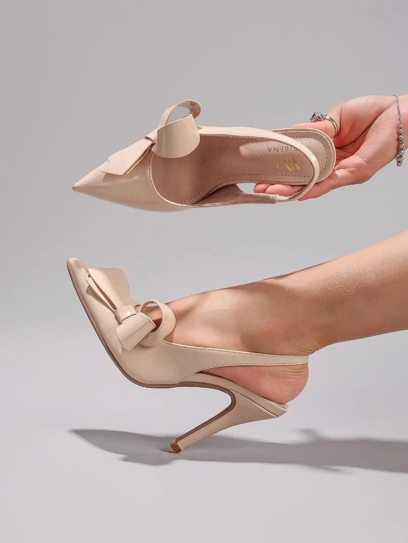 Sandales à talons hauts avec nœud pour femme – Chaussures élégantes de mariage/banquet en PU brillant à bout pointu 2026