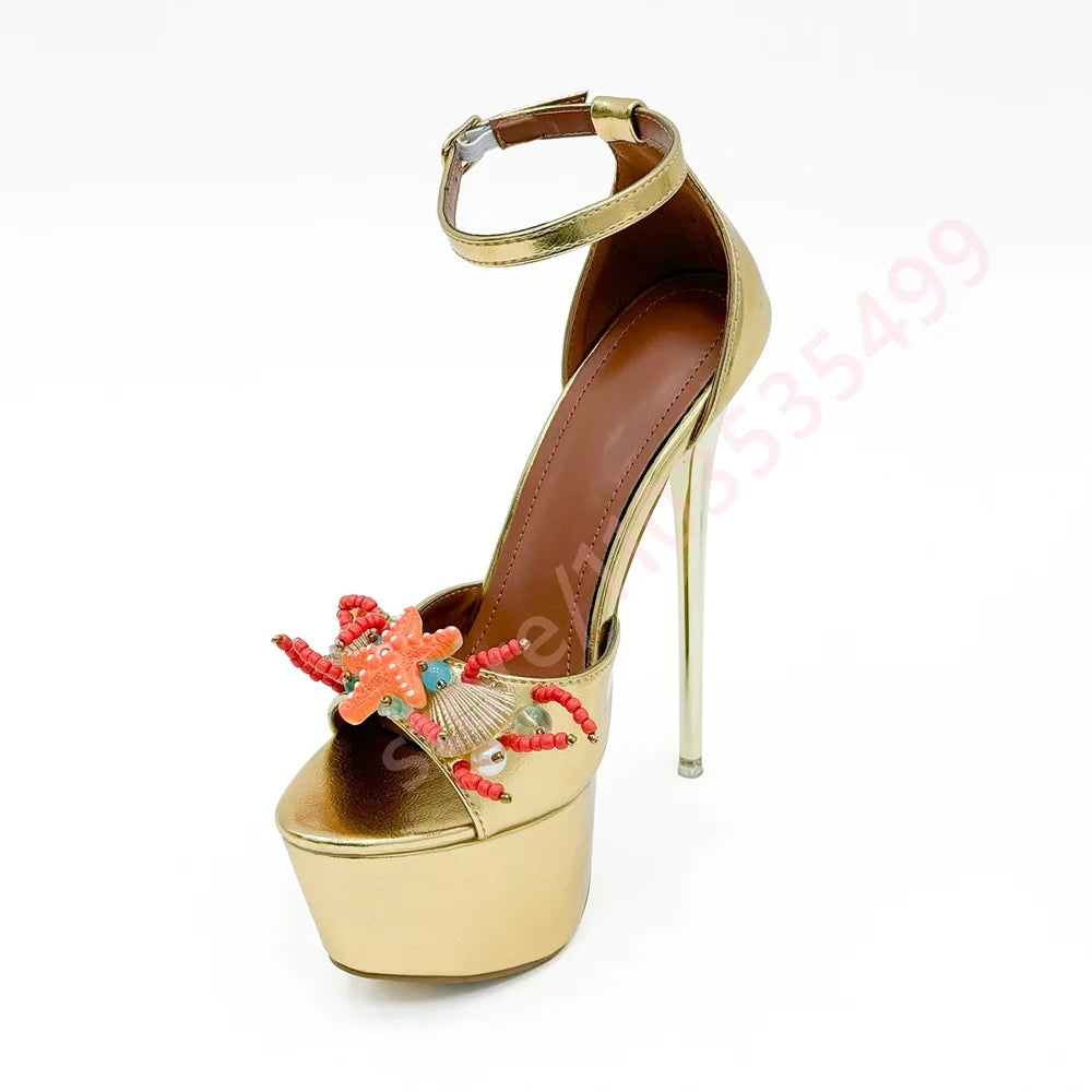 2026 Metallic Platform High Heel Sandals for Women Peep Toe Ankle Strap Starfish Shell Beaded Summer Beach Party Heels