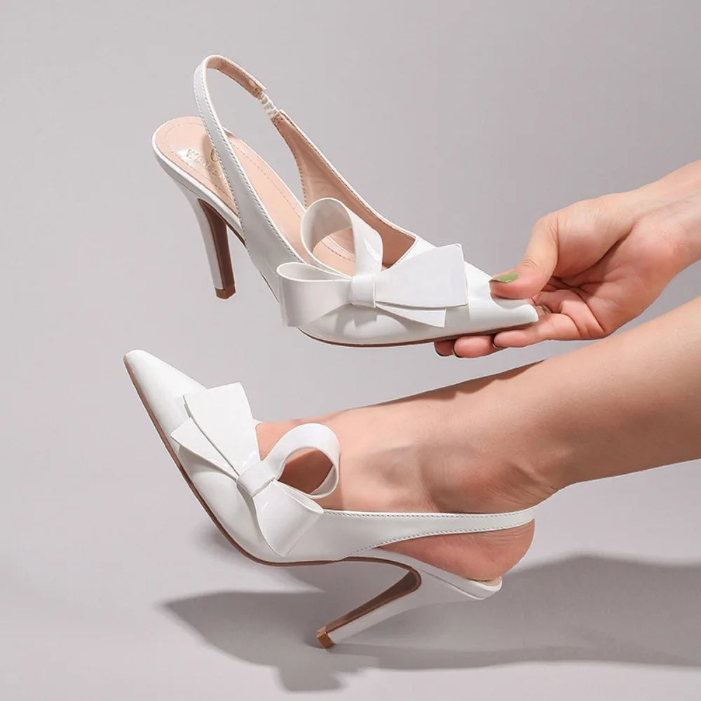 Sandales à talons hauts avec nœud pour femme – Chaussures élégantes de mariage/banquet en PU brillant à bout pointu 2026