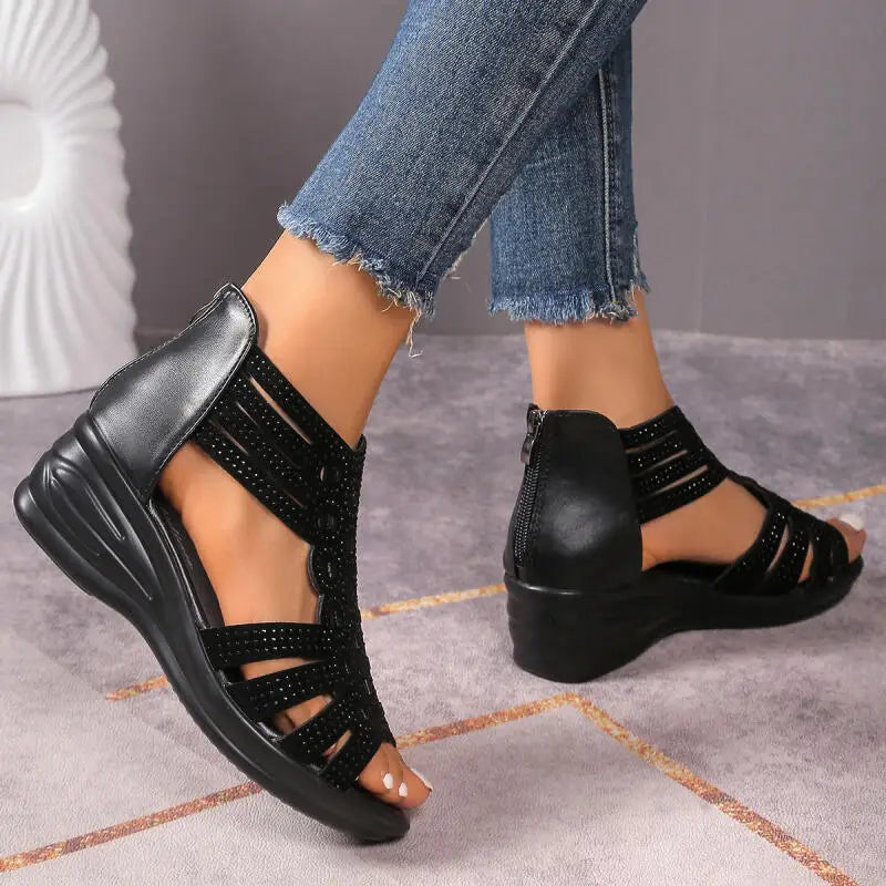 Luxury Glitter Strap Wedge Heel Sandals Women Summer 2026 Vintage Hollow Out Thick Bottom Gladiator Sandals Comfort Mom's Shoes