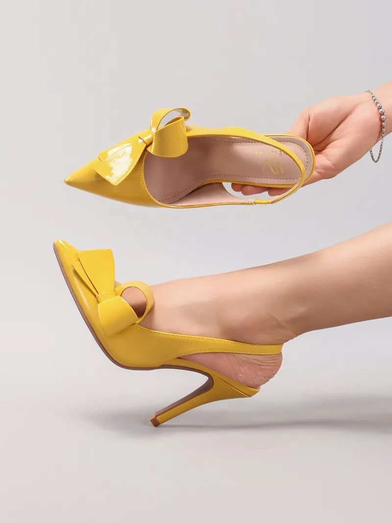 Sandales à talons hauts avec nœud pour femme – Chaussures élégantes de mariage/banquet en PU brillant à bout pointu 2026