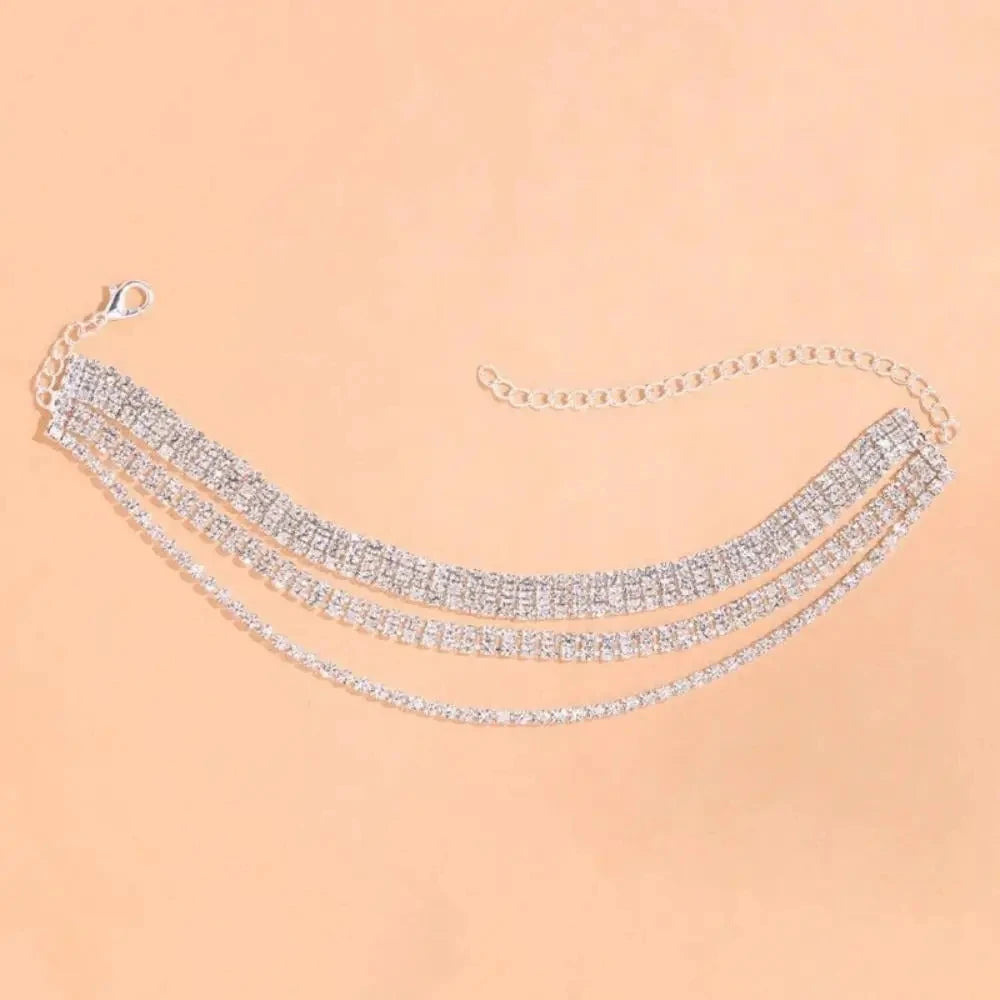 Cheville de pied nu superposée scintillante pour femme – Bijou de jambe de plage en strass