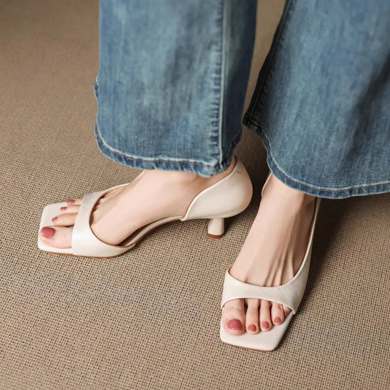 2026 Summer Women's High Heel Sandals Fashion SquareToe Leather Suitable for Office Wearing and Casual Outdoor Use Women's Shoes