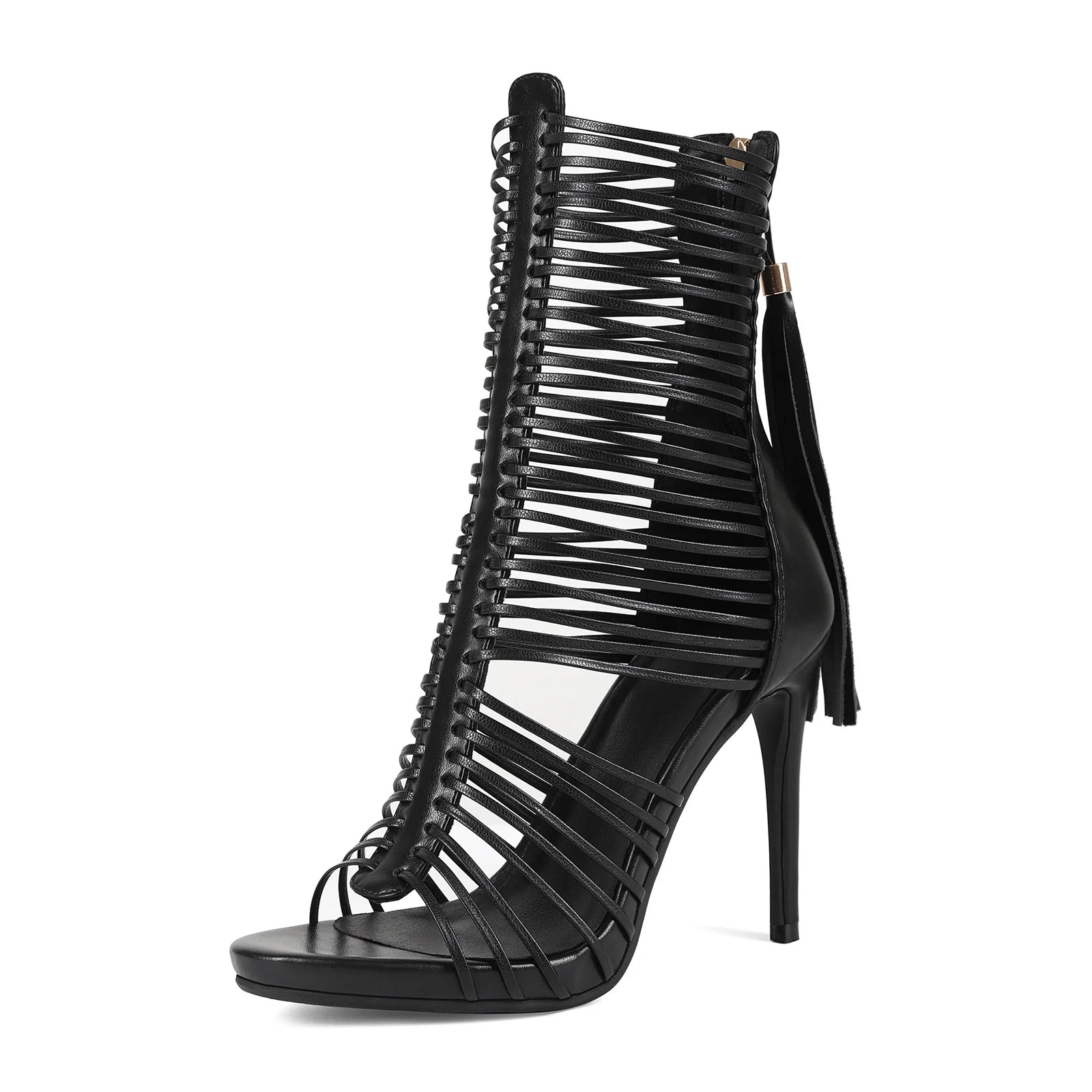 2026 Women Gladiator Ankle High Heel Sandals Black Cutout Strappy Stiletto Heels Back Tassel Zipper Peep Toe Party Dress Boots