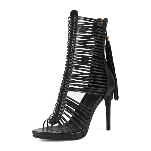 2026 Women Gladiator Ankle High Heel Sandals Black Cutout Strappy Stiletto Heels Back Tassel Zipper Peep Toe Party Dress Boots