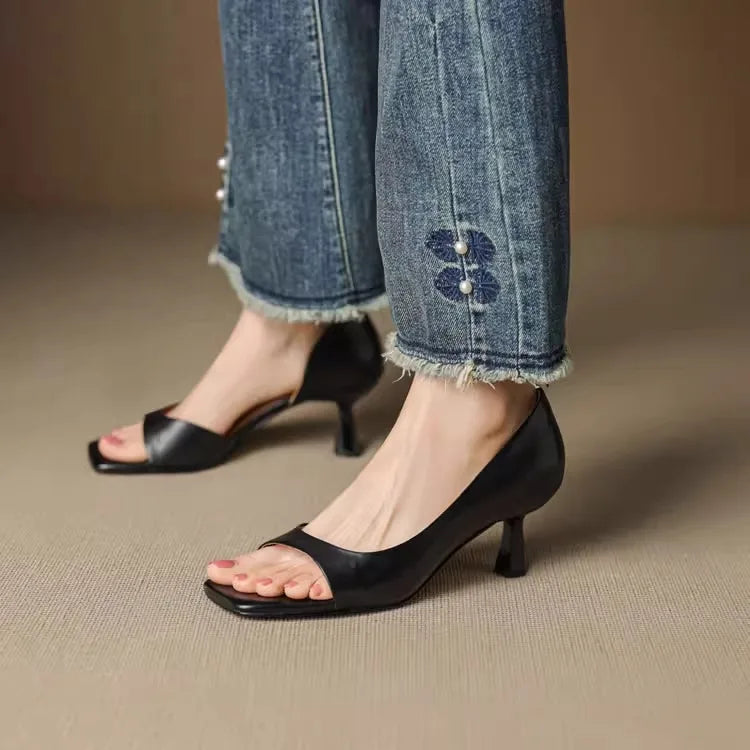 2026 Summer Women's High Heel Sandals Fashion SquareToe Leather Suitable for Office Wearing and Casual Outdoor Use Women's Shoes