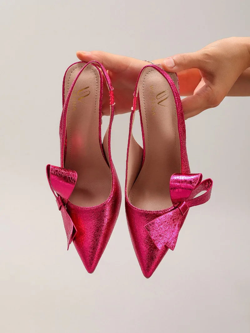 Sandales à talons hauts avec nœud pour femme – Chaussures élégantes de mariage/banquet en PU brillant à bout pointu 2026