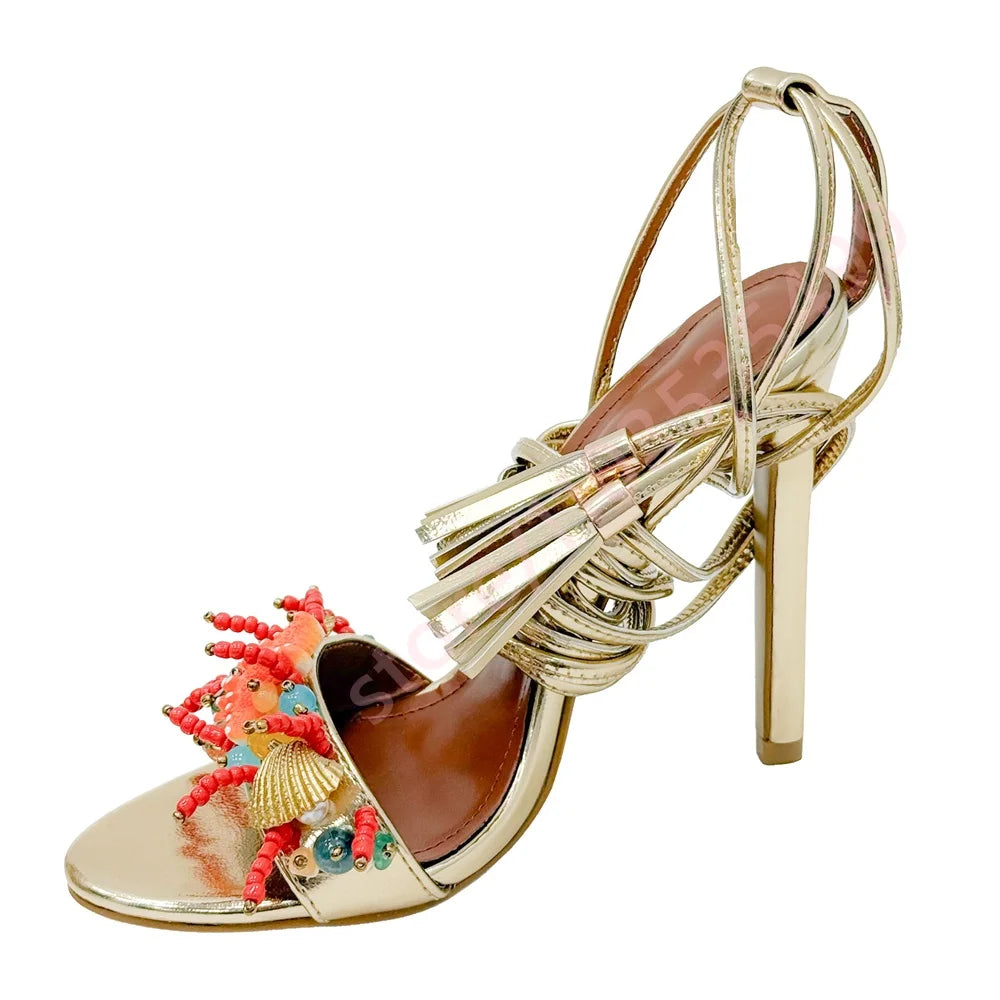 2026 Metallic Platform High Heel Sandals for Women Peep Toe Ankle Strap Starfish Shell Beaded Summer Beach Party Heels