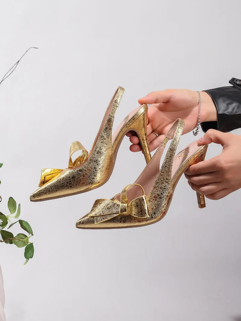 Sandales à talons hauts avec nœud pour femme – Chaussures élégantes de mariage/banquet en PU brillant à bout pointu 2026